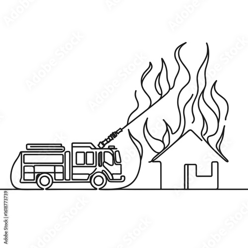 Fire truck extinguishing house fire
