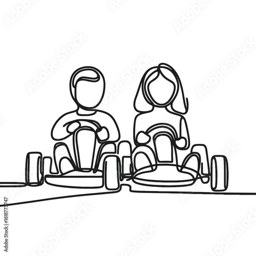 Man and woman karting on race track