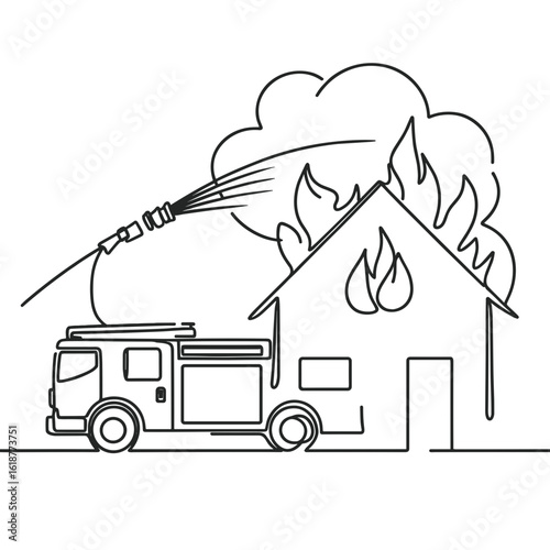 Fire truck fighting house fire in black-and-white line drawing