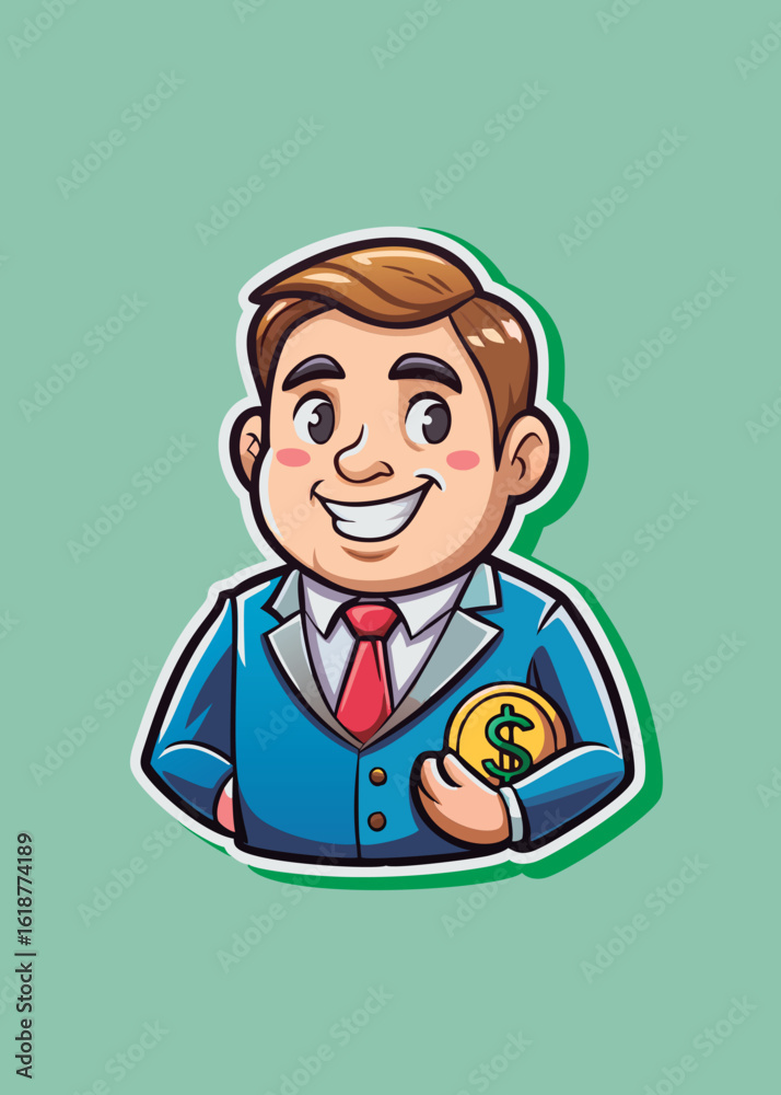 Cartoon businessman holding a coin in a light blue suit with a red tie. Smiling and confident. the character is set against a muted sage background. Cartoon businessman holding a coin in a light blue suit with a red tie. Smiling and confident. the character is set against a muted sage background.