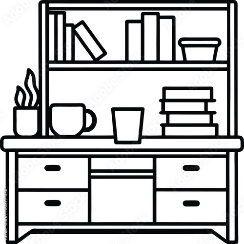 dorm with tidy desk coffee mug and shelf