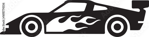 A race car with dynamic flames painted on the side, a symbol of speed, power, and high-performance racing.