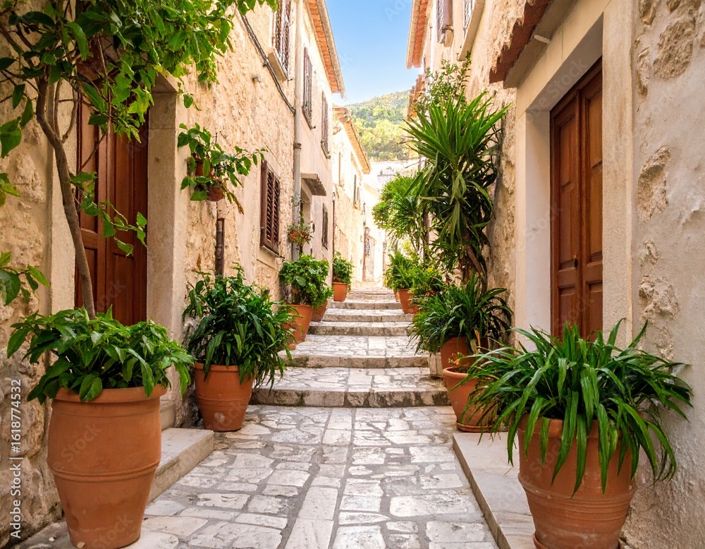 Fototapeta premium Charming Mediterranean Alley with Stone Steps and Terracotta Potted Plants