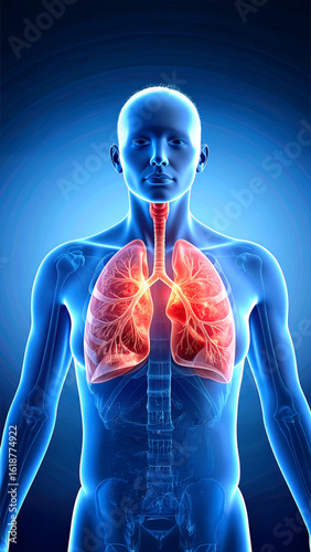 Vertical 3D medical illustration of human lungs and trachea on blue background, ideal for healthcare and education.