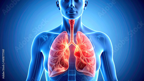 3D medical illustration of human lungs and trachea showing detailed bronchial structure and anatomy, highlighted in red on a blue background. Useful for healthcare, educational, and scientific purpose