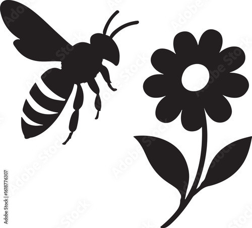 Black bee and flower silhouette insect bloom