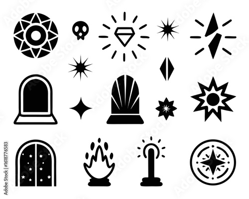 Collection of mystical magical effects including glowing portals ancient runes and arcane symbols for fantasy game or application interfaces