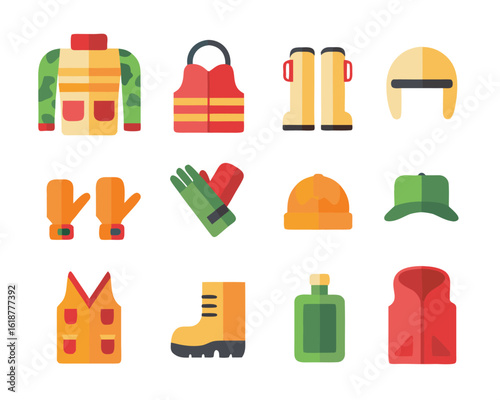 Collection of flat graphic symbols representing outdoor pursuit apparel and essential gear for wilderness adventures and expeditions