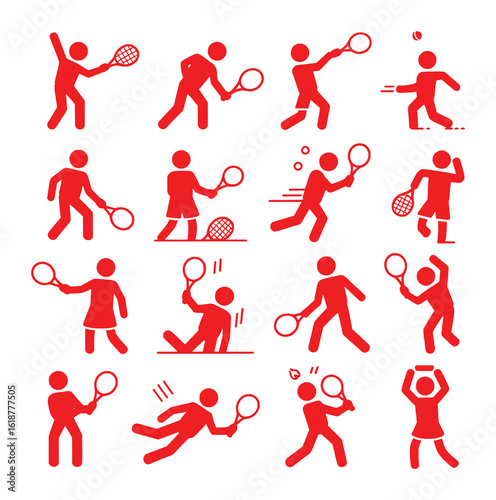 Red tennis players in various action poses sport