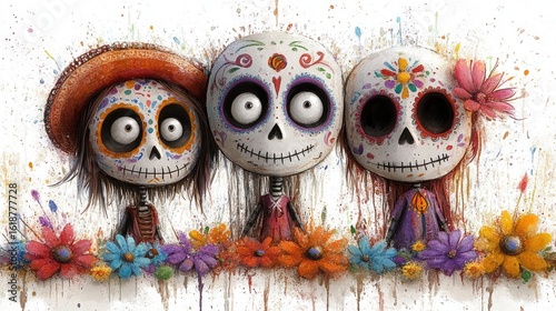 Family gathering to honor ancestors with colorful flowers and sugar skulls on a radiant altar for Día de Muertos.