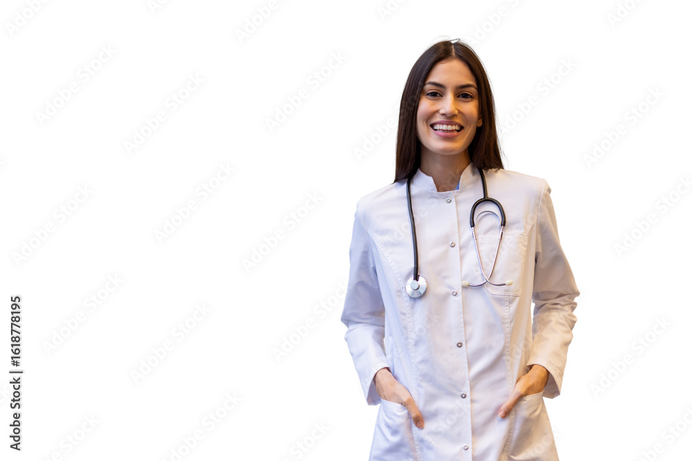 Confident and friendly doctor smiling with hands in pockets, wearing a stethoscope, on a transparent background, ready to be placed in any design Confident and friendly doctor smiling with hands in pockets, wearing a stethoscope, on a transparent background, ready to be placed in any design