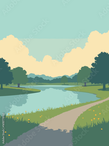 High Wycombe – Rye Park lake and parkland in lake teal, grass green, path gray, and dawn gold