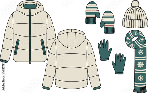 Winter clothing set with puffer jackets, striped mittens, knit beanie, snowflake scarf, thermal gloves, cold weather wear for kids and adults, cozy fashion bundle.