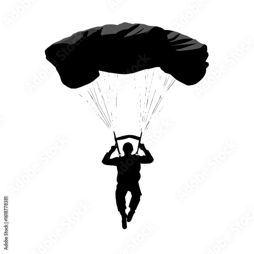 Silhouette of a skydiver descending with a parachute.