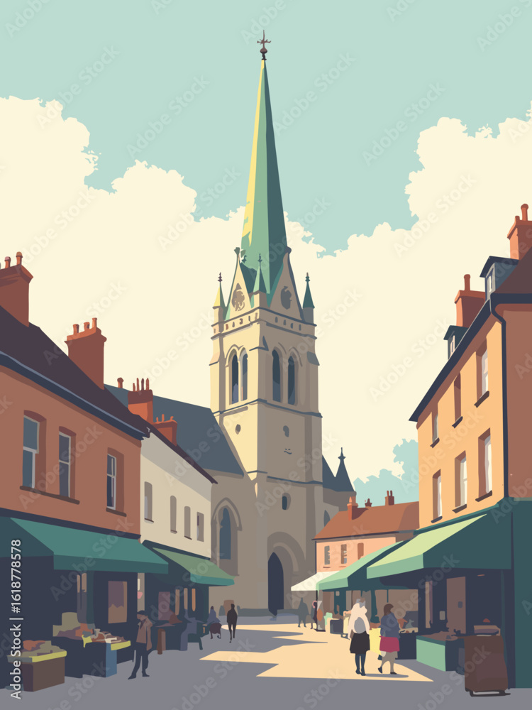 Fototapeta premium Chesterfield – Crooked Spire church and market stall awnings in spire gold, awning green, timber brown, and sky white