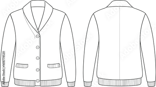 Classic Shawl Collar Cardigan Flat Sketch Design, Front and Back Views, Technical Apparel Template, Button-Front Sweater Mockup, Comfortable Knitwear, Fashion Industry Resource.