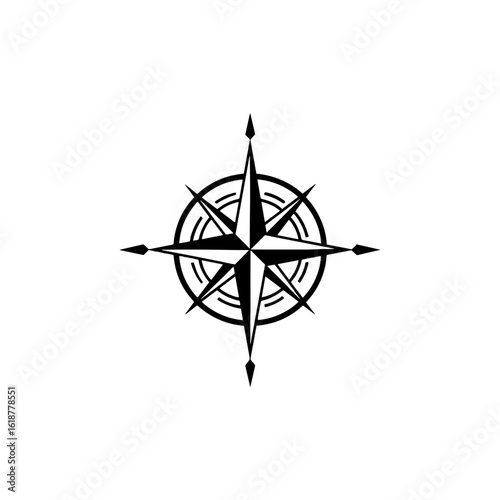 A black and white compass rose pointing in four directions.
