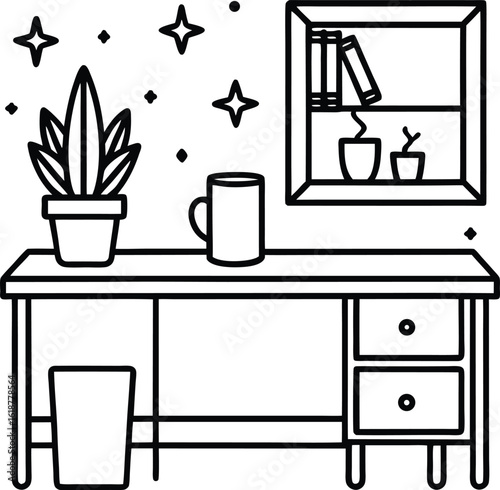 dorm with tidy desk mug and potted plant