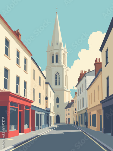 Chelmsford – Cathedral and Bond Street shops in façade cream, shop red, pavement gray, and sky blue