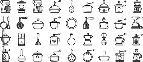 Diverse kitchen appliance icons including mixers, grinders, pots, and whisks