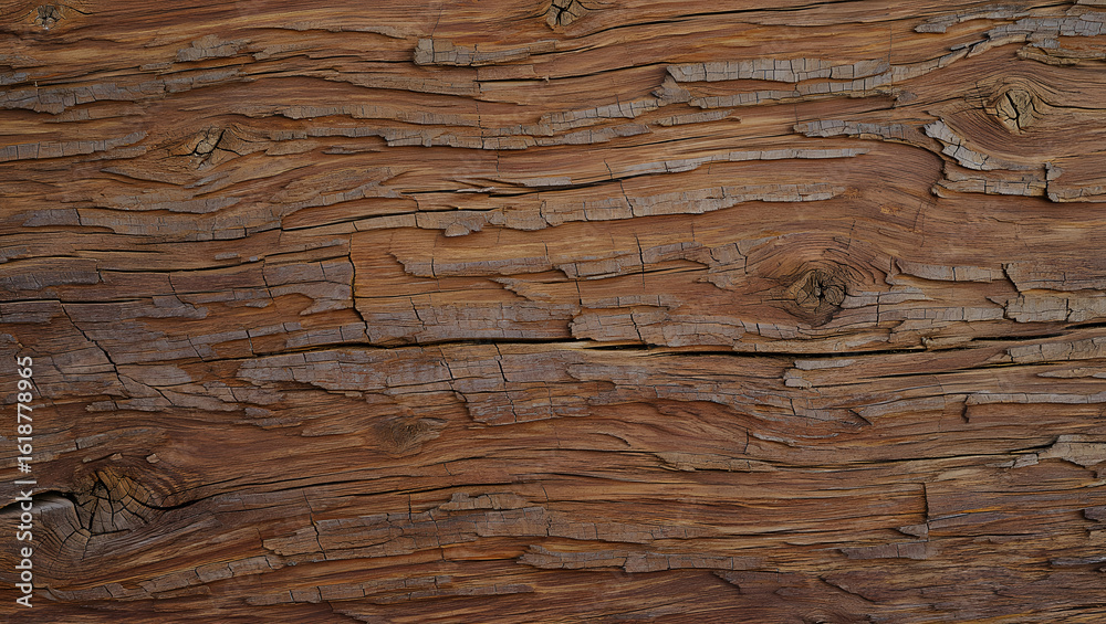 Fototapeta premium Detailed Close Up of Weathered Wooden Plank with Cracks and Knots Rustic Brown Wood Texture Background for Graphic Design and Mockups