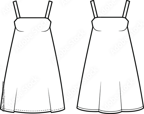 Women's A-Line Slip Dress Flat Sketch Design, Front and Back Views, Technical Apparel Template, Camisole Nightwear Mockup, Strappy Undergarment, Basic Layering Piece, Fashion Industry Resource.