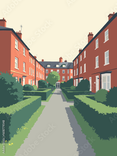Becontree – Becontree Estate garden squares and period flats in brick red, hedge green, path gray, and sky white