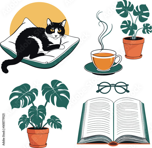 Cozy Cat Nap Time with Tea, Plants, and a Book