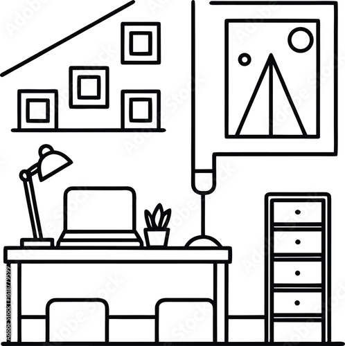 dorm with tidy desk small lamp and photo wall