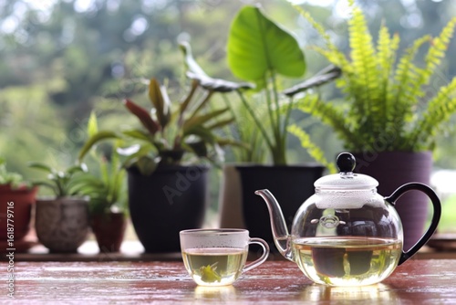 Glass teapot and cup with blooming tea and plants