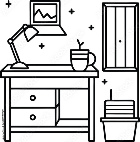 dorm with tidy desk nightstand and cup of tea