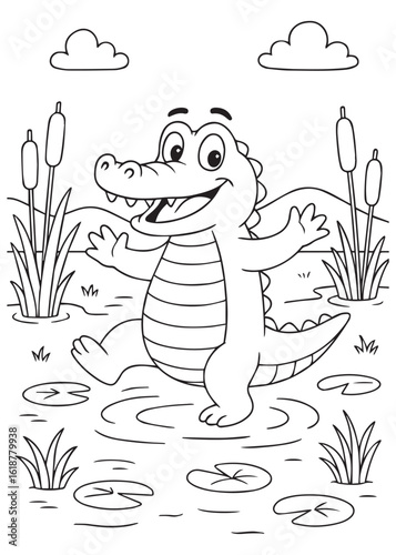 Coloring book crocodile walking through a swamp happily.
