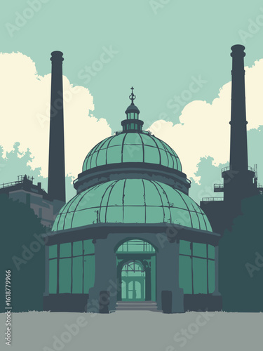 Sheffield – Winter Garden glass dome framed by steel mills in emerald green, industrial gray, charcoal black, and cloudy sky white