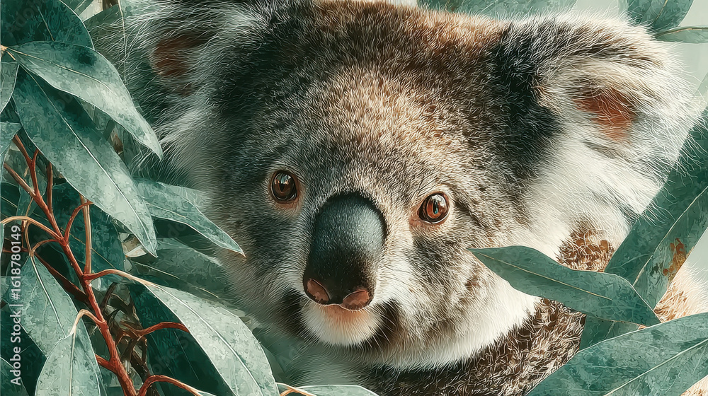 Obraz premium Close up of koala surrounded by eucalyptus leaves, showcasing its expressive eyes and soft fur. image captures essence of this adorable marsupial natural setting, evoking sense of calm