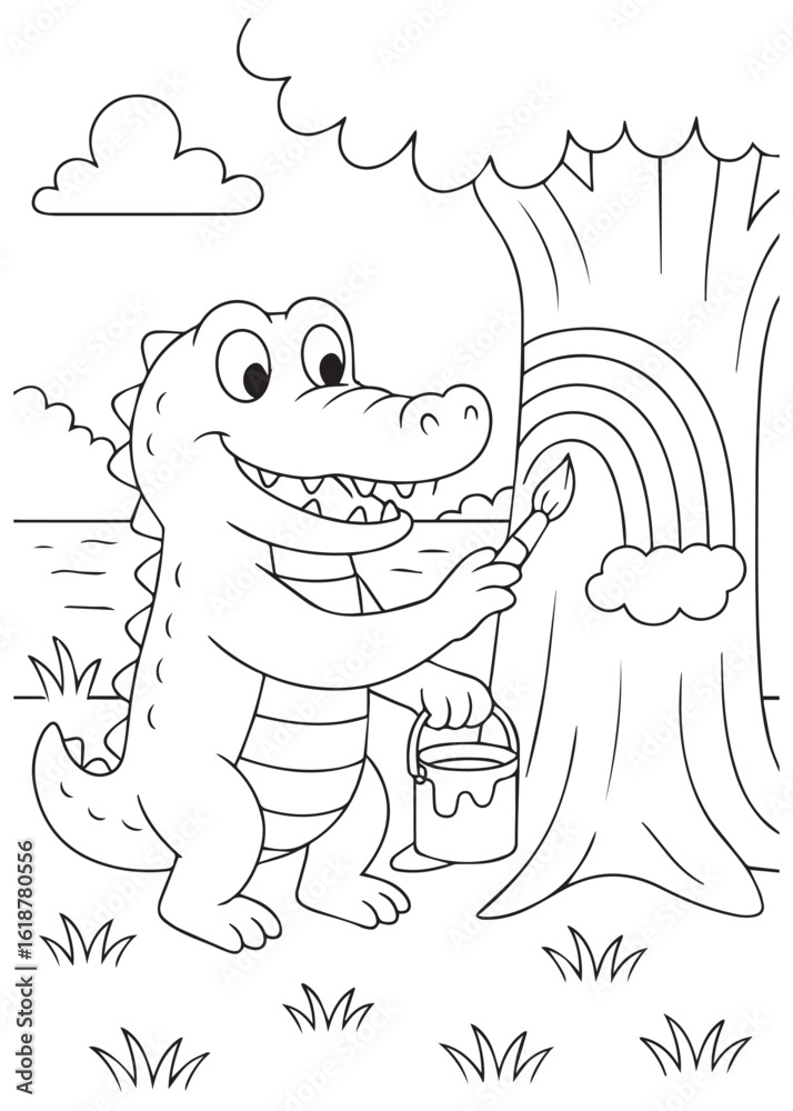 Obraz premium Coloring book crocodile painting a rainbow on a tree.