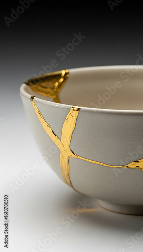 Beautiful Kintsugi Ceramic Bowl with Golden Repair Lines in Close Up