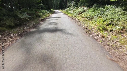 Legs in inline skates boots are moving on abandoned asphalt road in forest. 