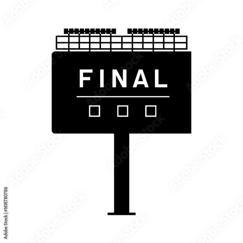 A monochrome illustration of a stadium scoreboard displaying the word FINAL.