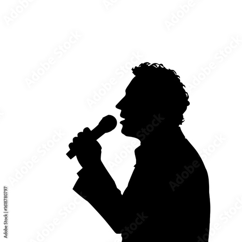 Silhouette of a person singing with a microphone in hand.