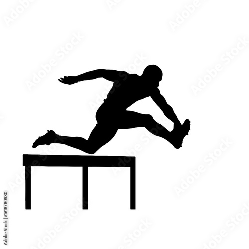 A silhouette of a man gracefully jumping over a hurdle.
