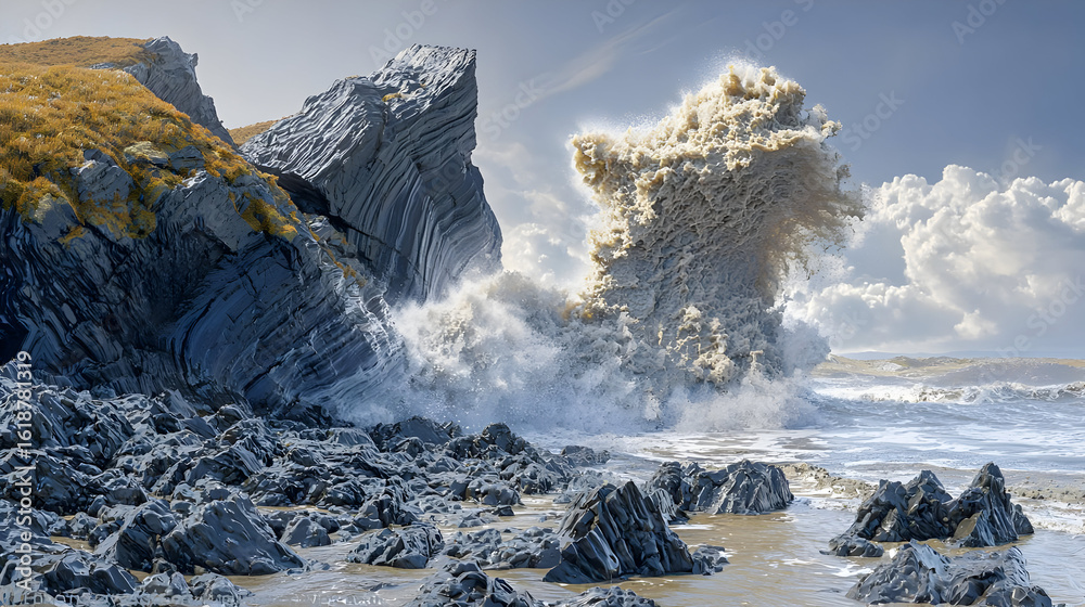 Obraz premium Powerful Waves Crashing On Rocky Coastline