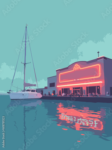 Southampton – Mayflower Theatre neon sign and marina yachts in neon red, hull white, mast gray, and water blue