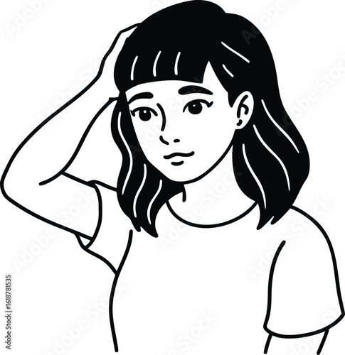 girl brushing bangs aside clean minimal style