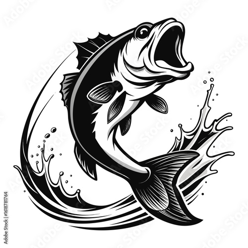 Tribal art black and white fish tattoo vector illustration with a jumping silhouette design