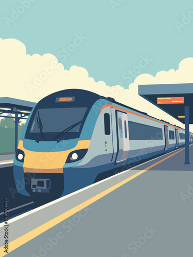 Crawley – Gatwick Express train and station facade in train blue, station silver, sign orange, and platform gray