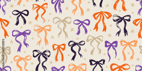 Pattern with bows. Halloween bow seamless print. Cute ribbon coquette vector. Black purple and orange background. Fall girly floral bg. Sketchy design, hand drawn brush texture. Spooky wrapping paper