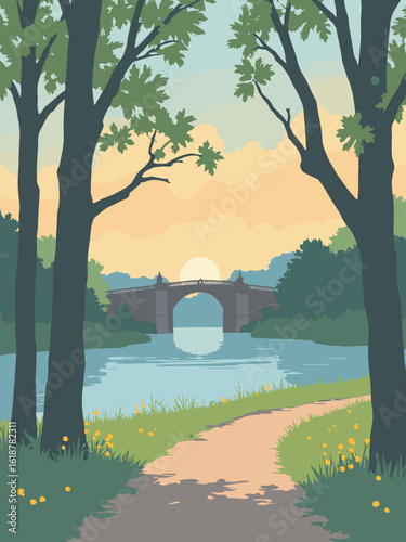Warrington – Golden Gates Park riverside path and Victorian bridge in slate gray, foliage green, river blue, and sunset gold