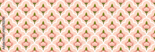 Elegant Seamless Indian Pichwai Mughal Pattern with Stylized Pink Flowers and Arched Motifs
