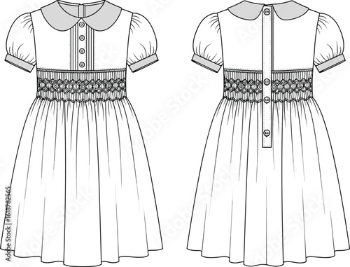Girls' Smocked Maxi Dress Flat Sketch Vector Illustration for Children's Apparel Design, Ruffled Sundress Technical CAD Drawing, Stylish Kids Fashion.