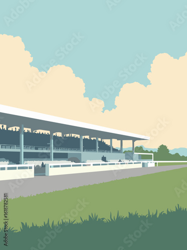 Doncaster – Doncaster Racecourse grandstand and turf in grandstand white, turf green, track gray, and sky pastel